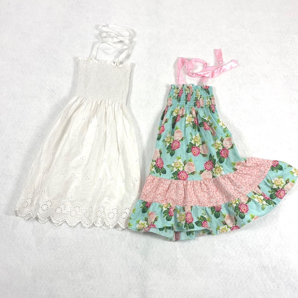 Two Handmade Sundresses Cotton Smocked Ribbon Tie White Eyelet & Shabby Chic 4T